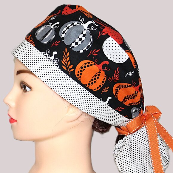 Womens Night Pumpkins Ponytail Scrub Cap, Handmade NWOT - Picture 4 of 7